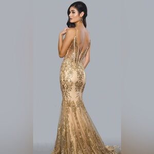 PromGirl Gold Corset-Bodice Sparkly Long Mermaid Prom Dress
